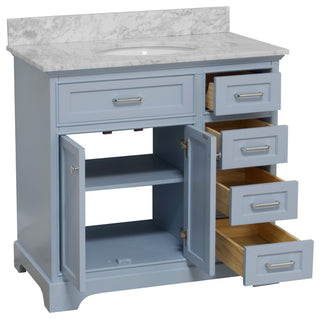 Aria 36" Bathroom Vanity, Powder Blue, Carrara Marble
