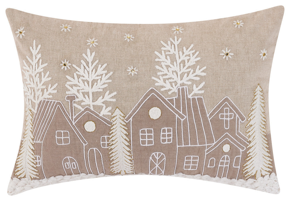 Snowy Christmas Village Embroidered Pillow