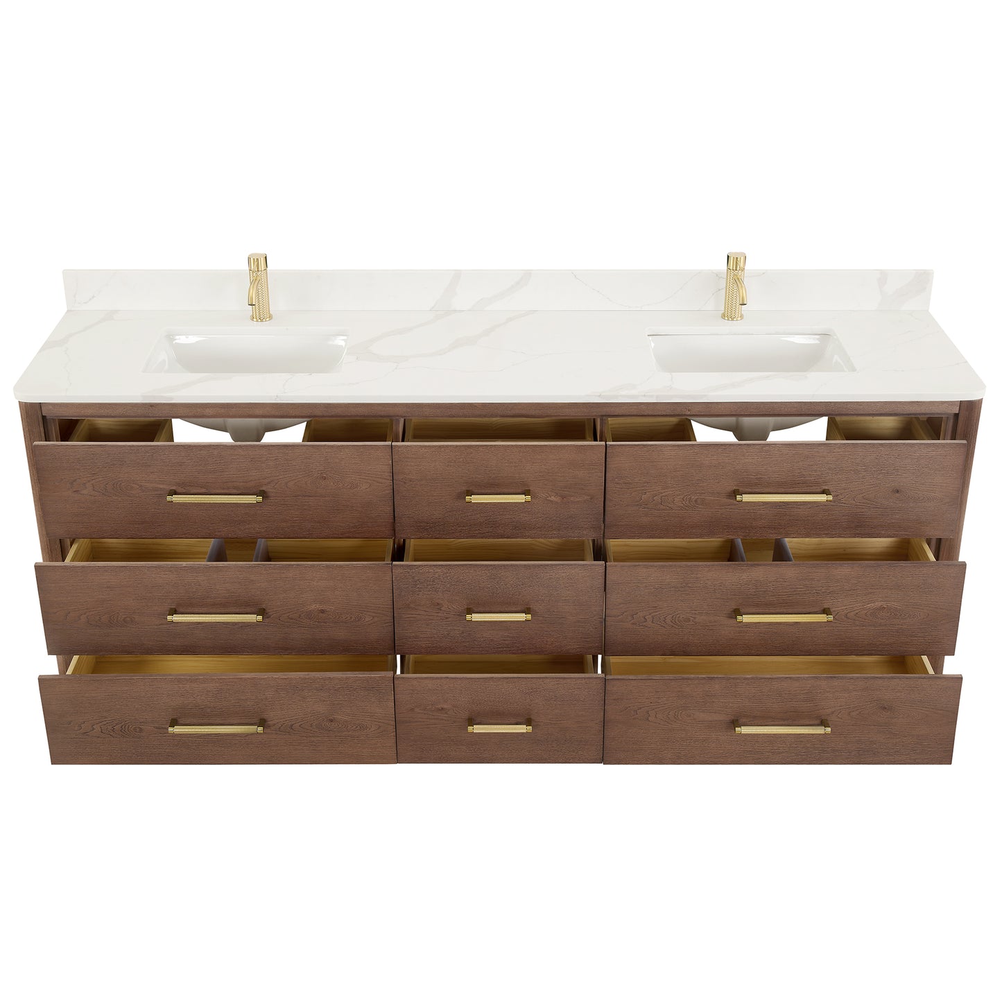 Porto Bath Vanity with White Quartz Stone Top, Dark Brown Oak, 84", No Mirror