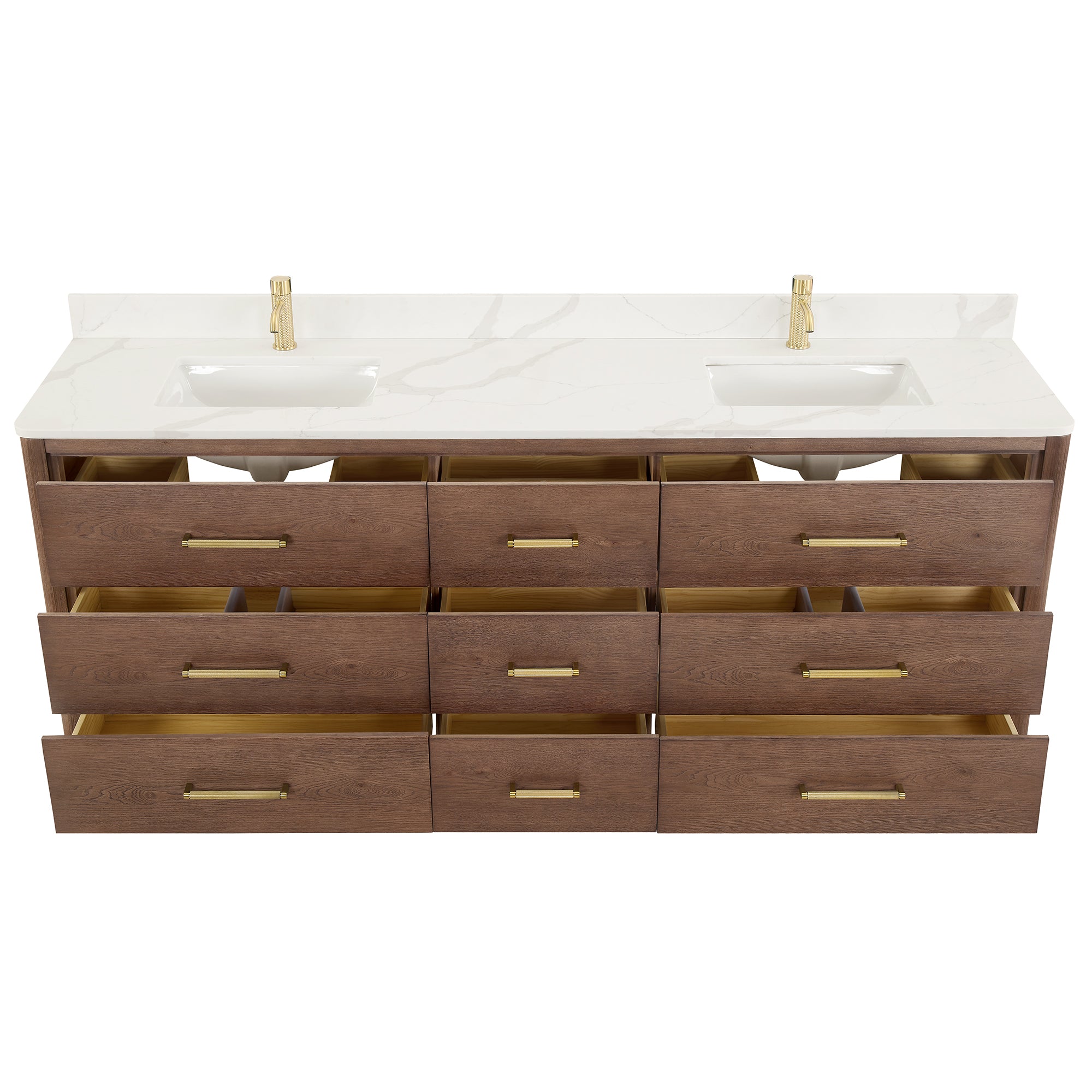 Porto Bath Vanity with White Quartz Stone Top, Dark Brown Oak, 84", No Mirror