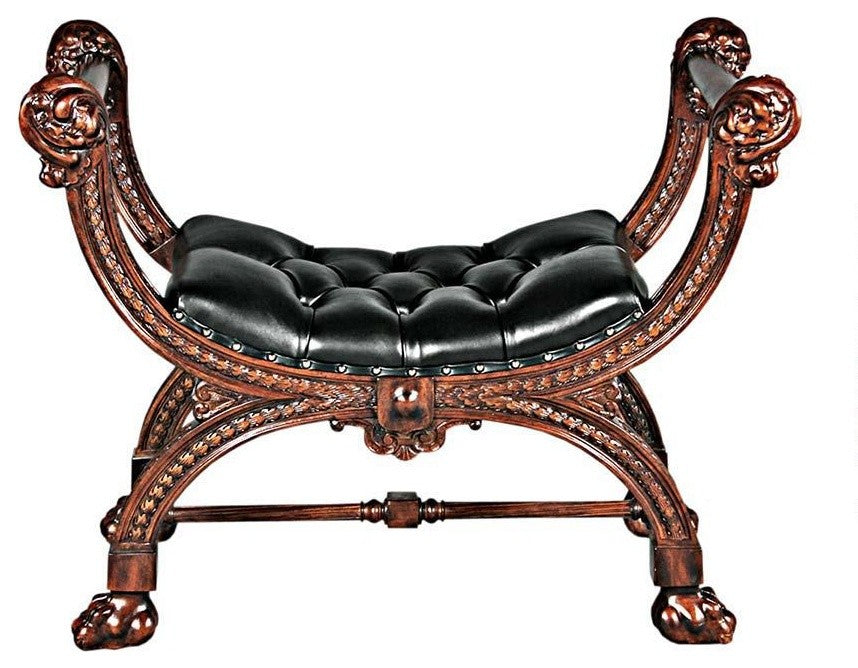 Handcarved Solid Mahogany Faux Leather French Style Bench