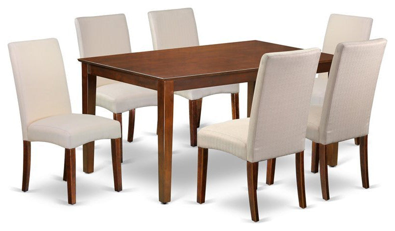 7-Piece 60" Table and 6 Chair With Mahogany Leg and Linen Fabric, Cream