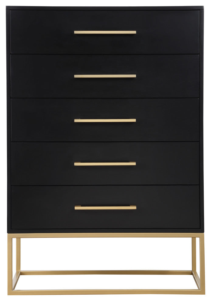 Maxine Wood Chest With Durable Brushed Gold Metal Base, Rich Black Finish
