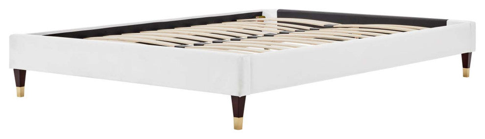 Platform Bed Frame, Full Size, Velvet, White, Modern Contemporary, Bedroom