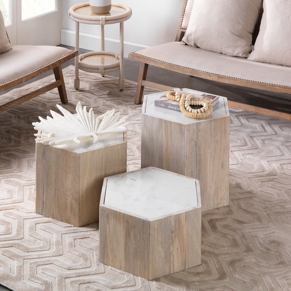 Bleached Wood White Marble Hexagon 14" Bunching Table Minimalist Contemporary