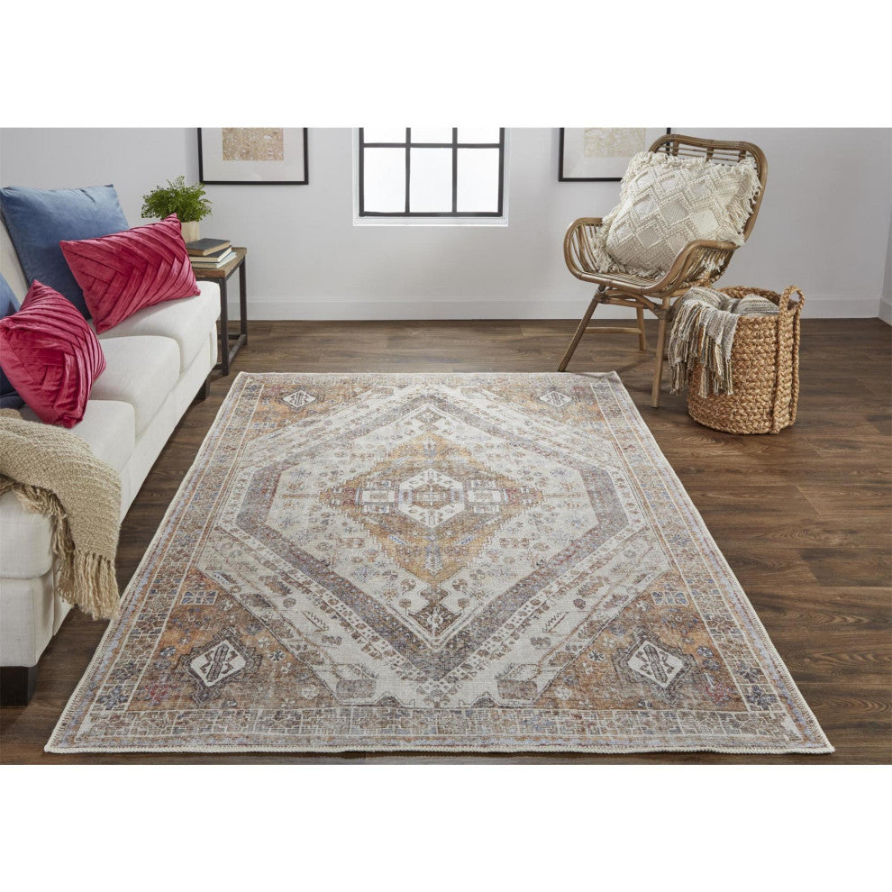Weave & Wander Prescott Transitional Medallion, Ivory/Orange/Brown, 9'2"x12'