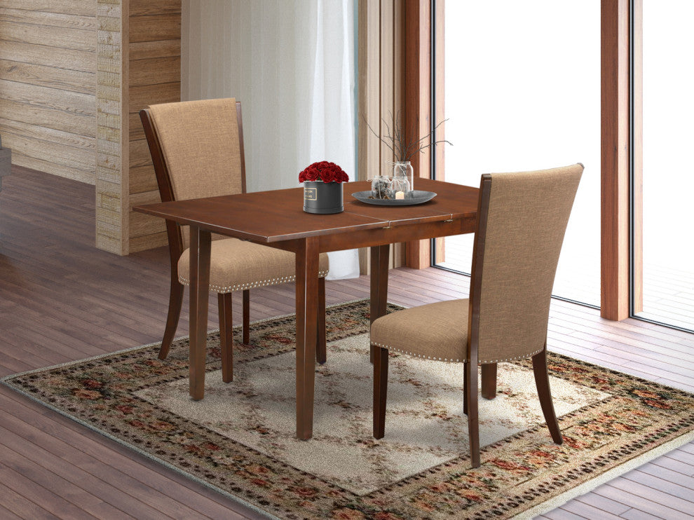 A Dining Set Of 2 Parson Chairs, 12" Butterfly Leaf Rectangle Table, Mahogany