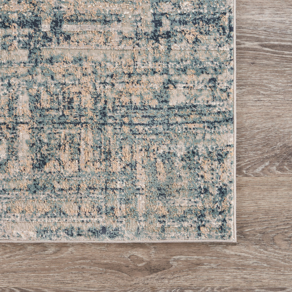 Distressed Geometric Wave Contemporary Area Rug, 5'3" X 7'6"