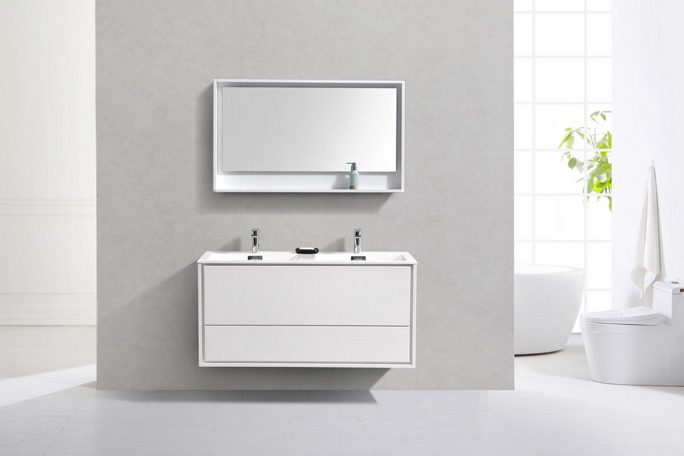 DeLusso 48" Double Sink Wall Mount Bathroom Vanity, Ocean Gray, High Gloss White