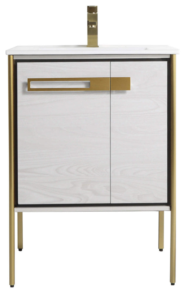 Oakville Bath Vanity, Ceramic Sink, Mild Grey Oak, 24 Inch, Satin Brass Hardware