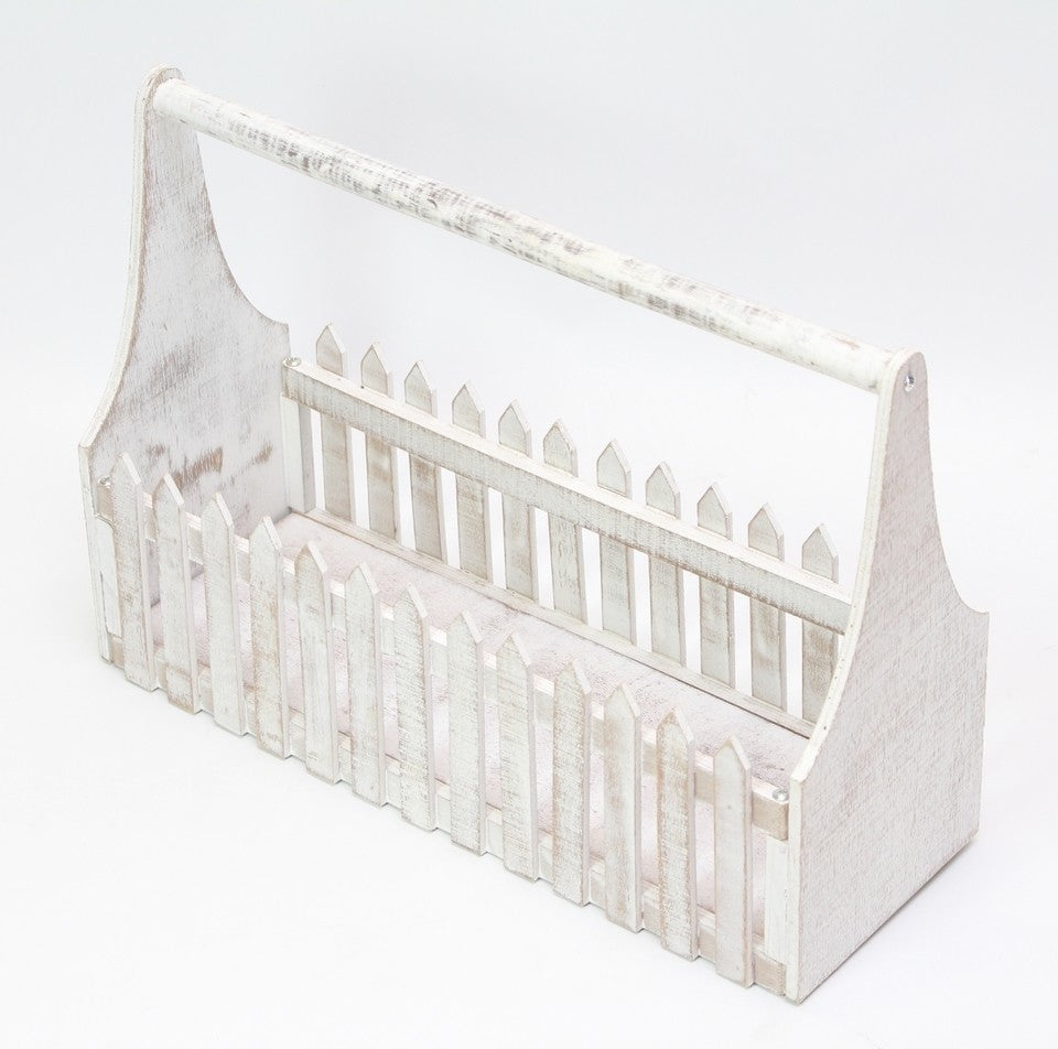White Wooden Flower Planter Fence Picket Storage, Carry Basket with Handle