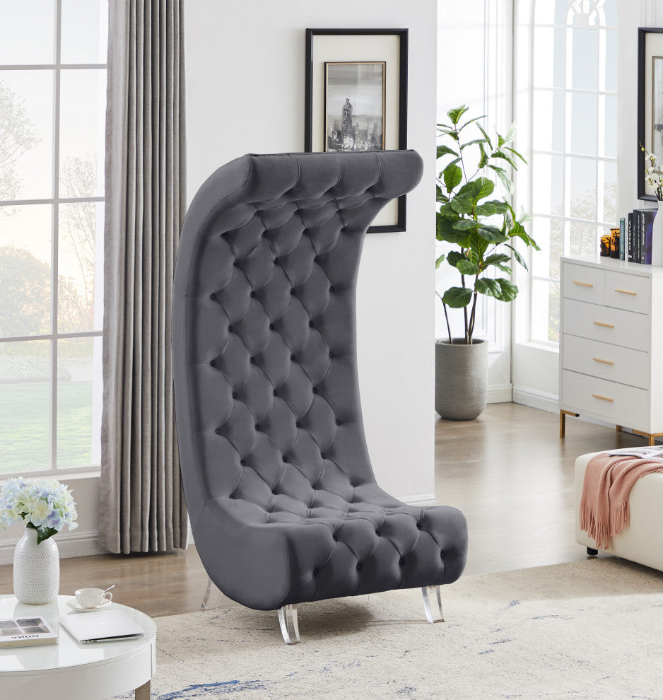 Crescent Velvet Upholstered Rounded Accent Chair, Gray