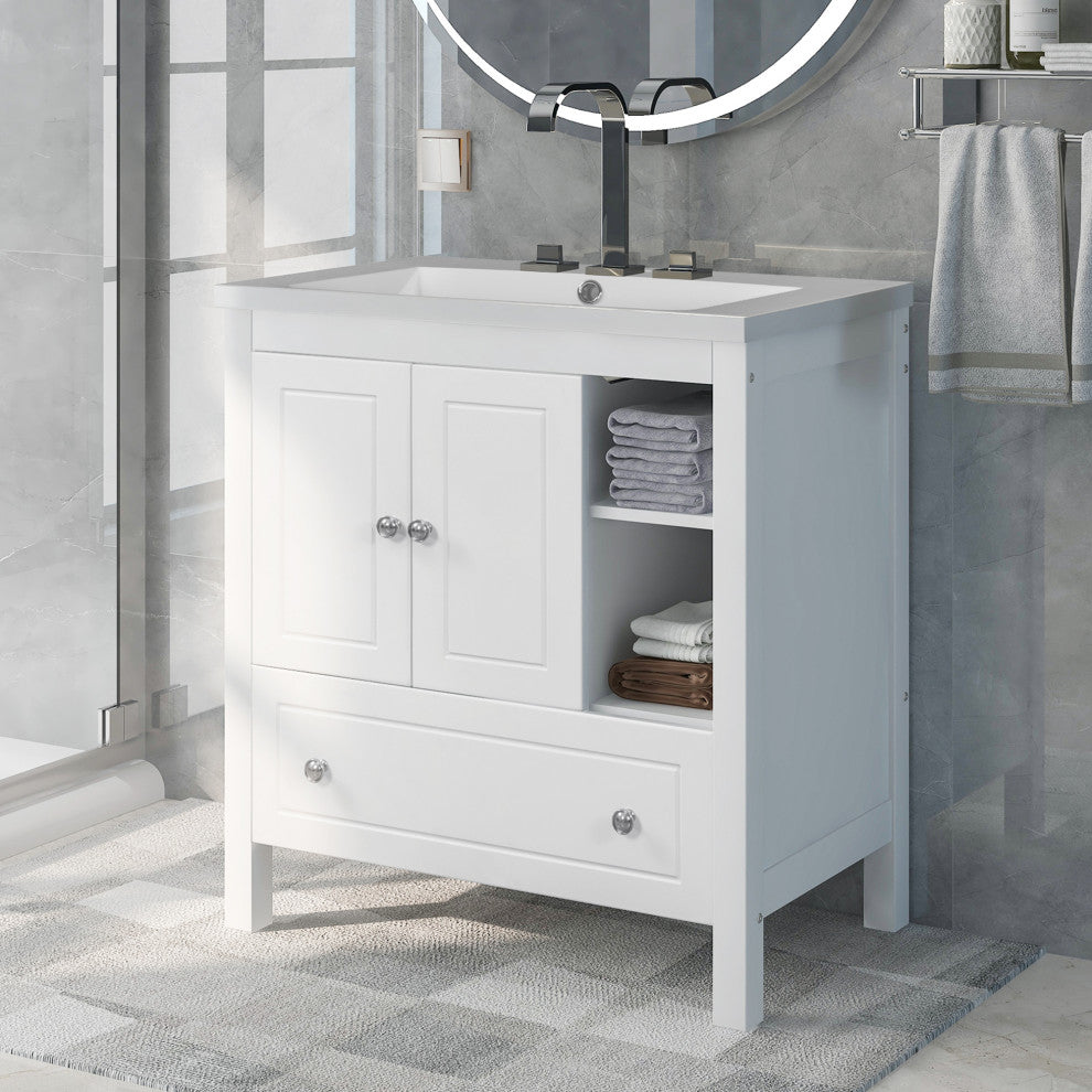 30" W x 18., D. x 32" H Bath Vanity, White Ceramic Top, White