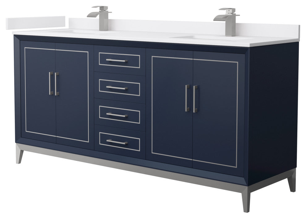 Marlena 72" Dark Blue Double Vanity, Cultured Top, Nickel Trim