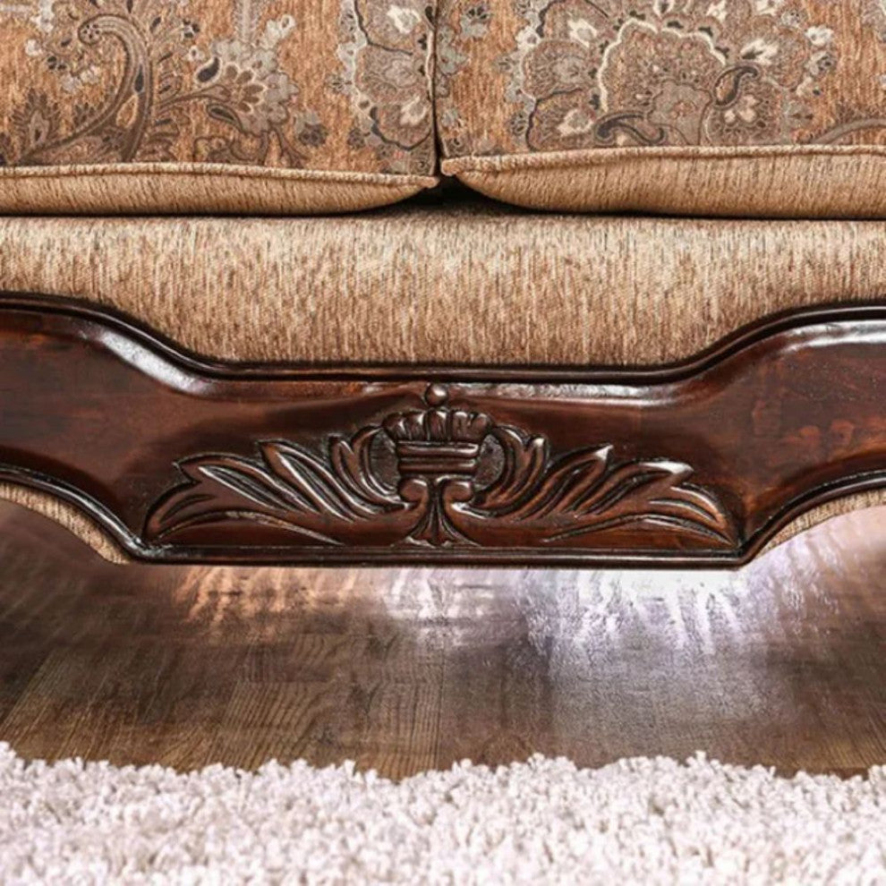 Chenille Love Seat with Rolled Arms Design, Gold