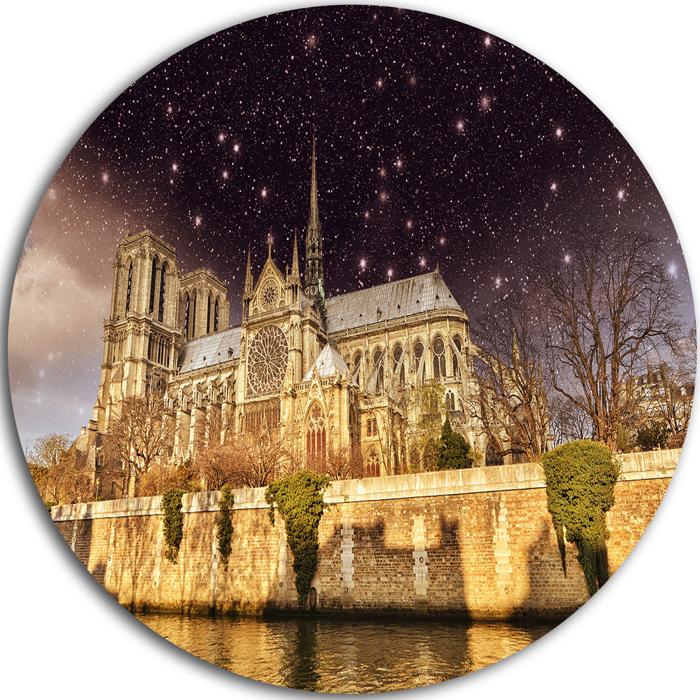 Notre Dame Cathedral At Night, Cityscape Photo Round Metal Artwork, 11"