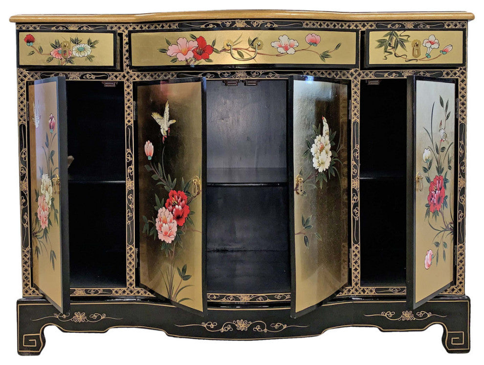 Oriental Lacquer Cabinet with Rounded Center and Hand Painted Floral 48"W