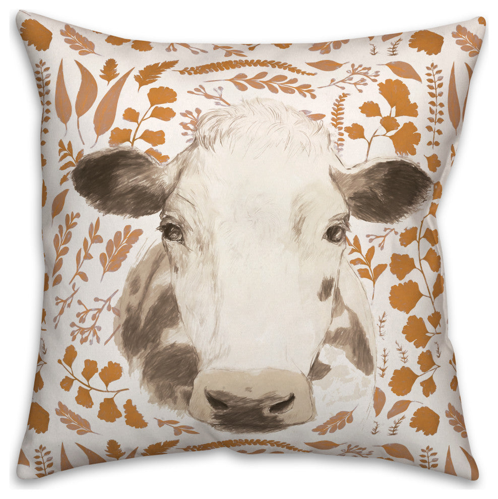 Autumn Leaves with Painted Cow 18x18 Spun Poly Pillow