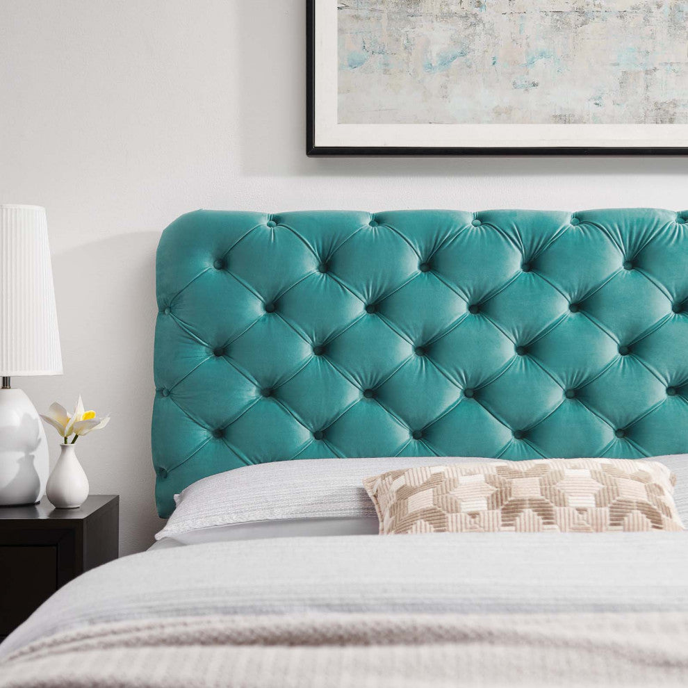 Tufted Headboard, King Size, Velvet, Teal Blue, Modern Contemporary, Bedroom