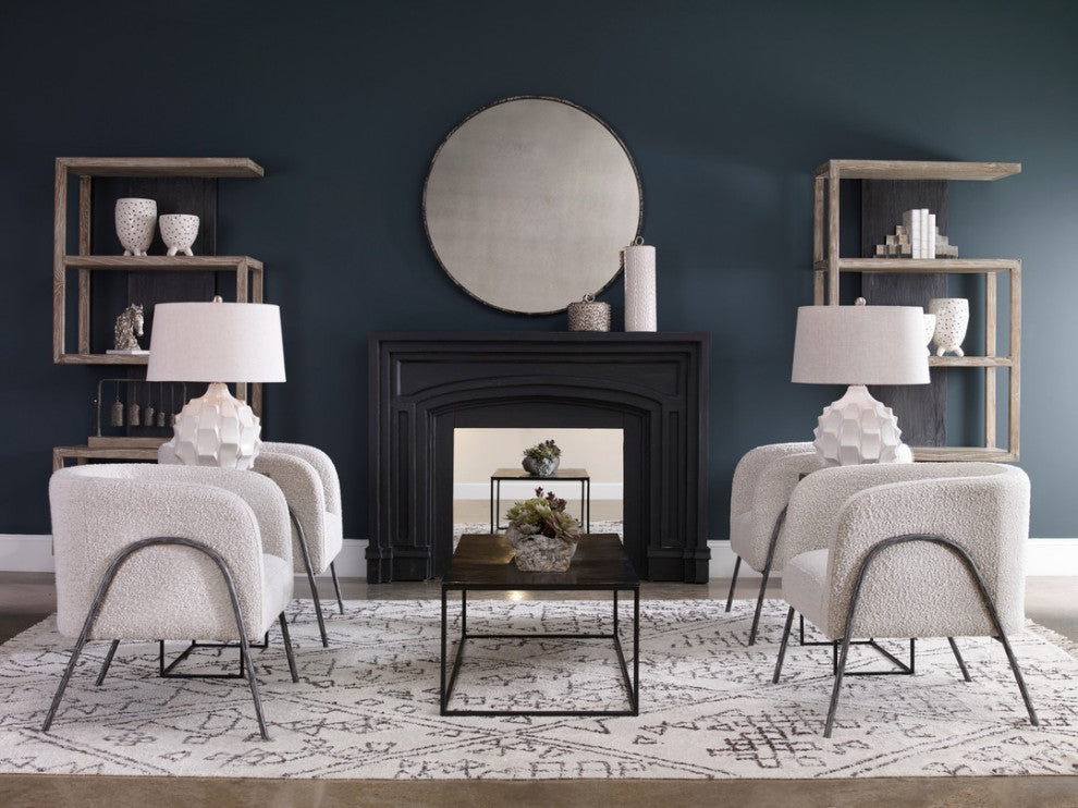 Retro Modern Gray Barrel Back Accent Chair Iron Frame Textured Fabric Scandi