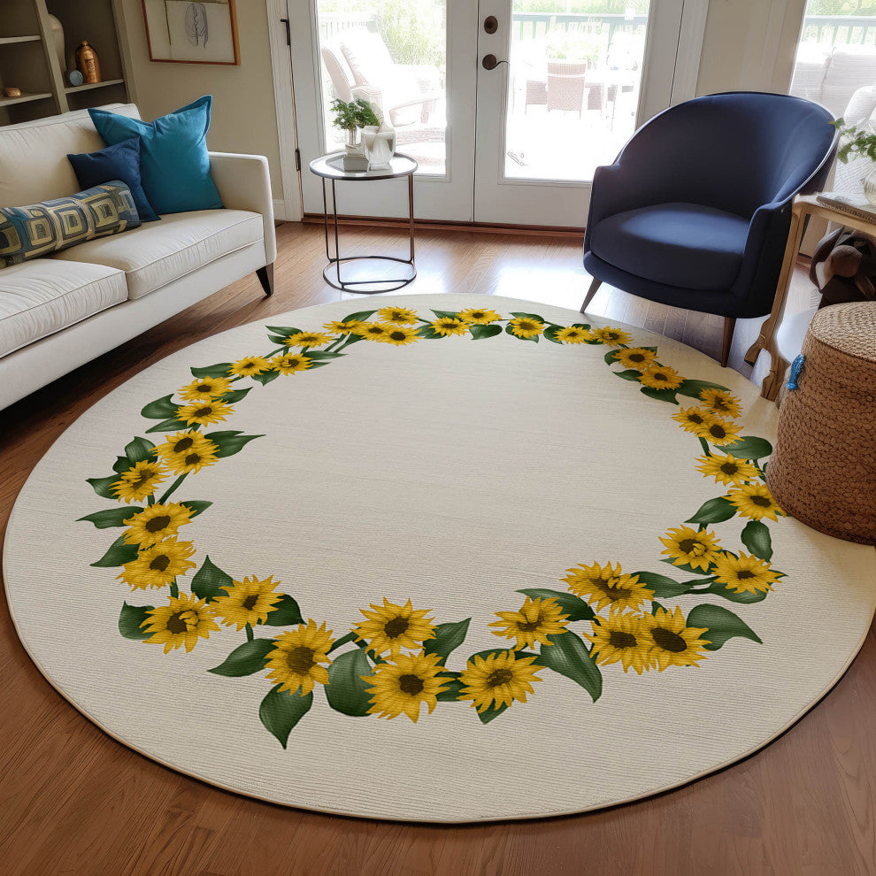 Indoor/Outdoor Kendall KE17 Beige Machine Washable 8' x 8' Round Rug