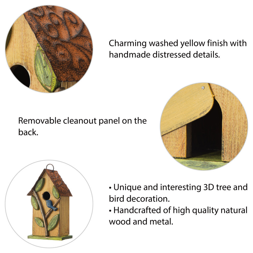 9.75"H Washed Yellow Distressed Solid Wood Birdhouse With 3D Tree and Bird