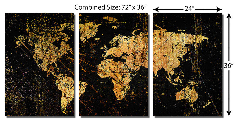 Abstract Black World Map Metal Print Wall Art, 3 Panel Split, Triptych