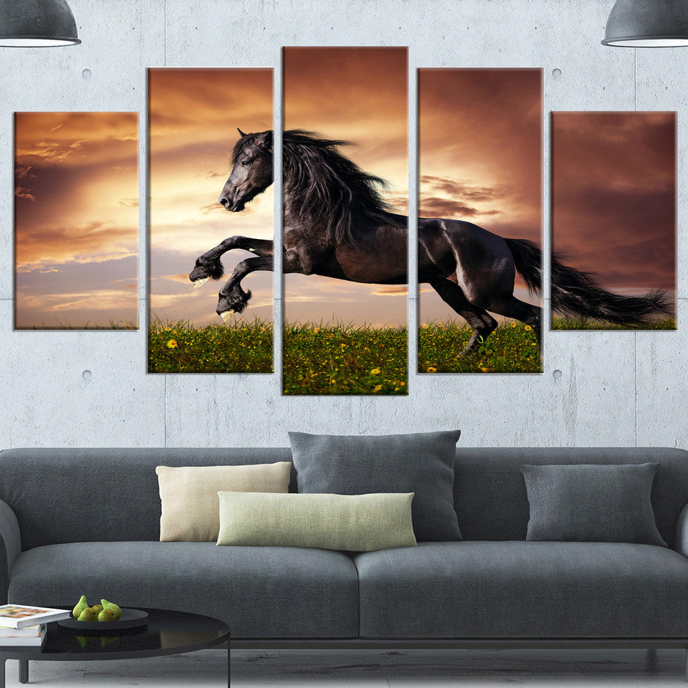 Black Friesian Horse Gallop, Abstract Canvas Art Print, 60"x32", 5 Panels