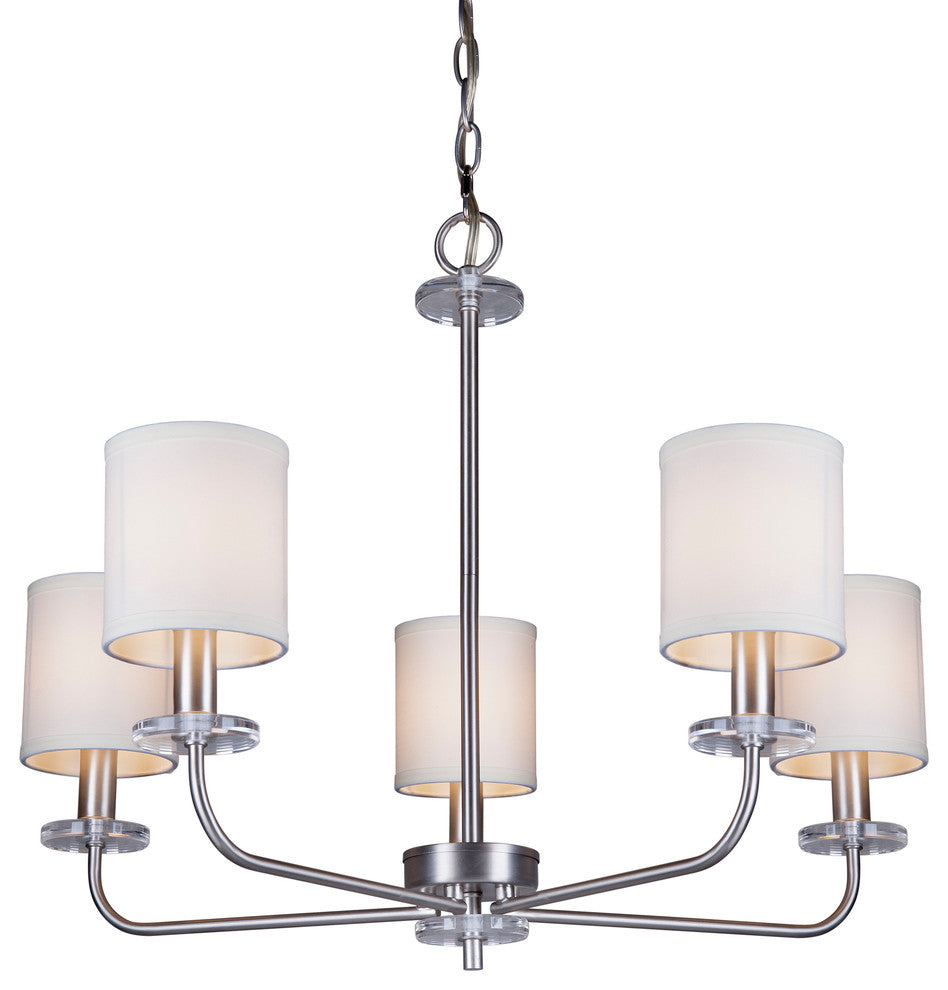 5 Light Chandelier, Brushed Nickel, Off White Linen Shade