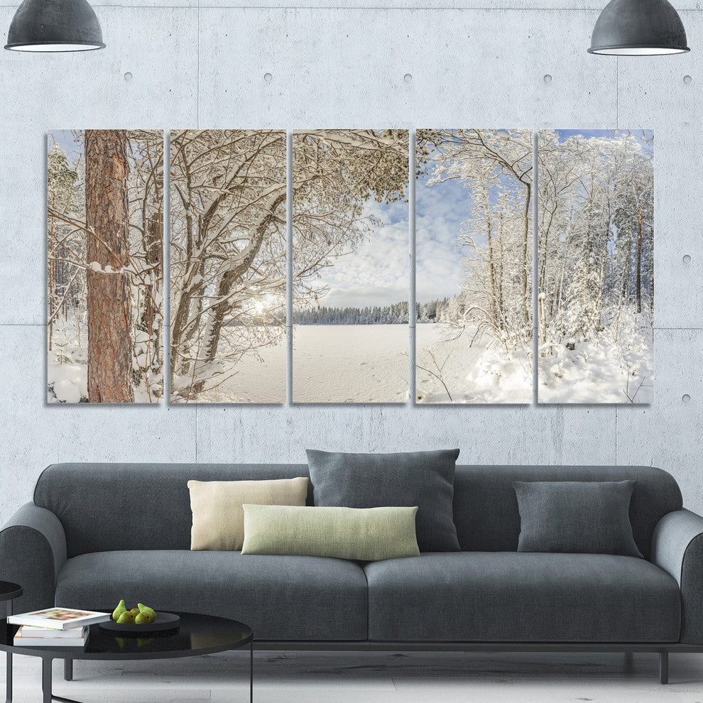 Lake in Winter Woods, Landscape Canvas Art Print, 60"x28", 5 Panels