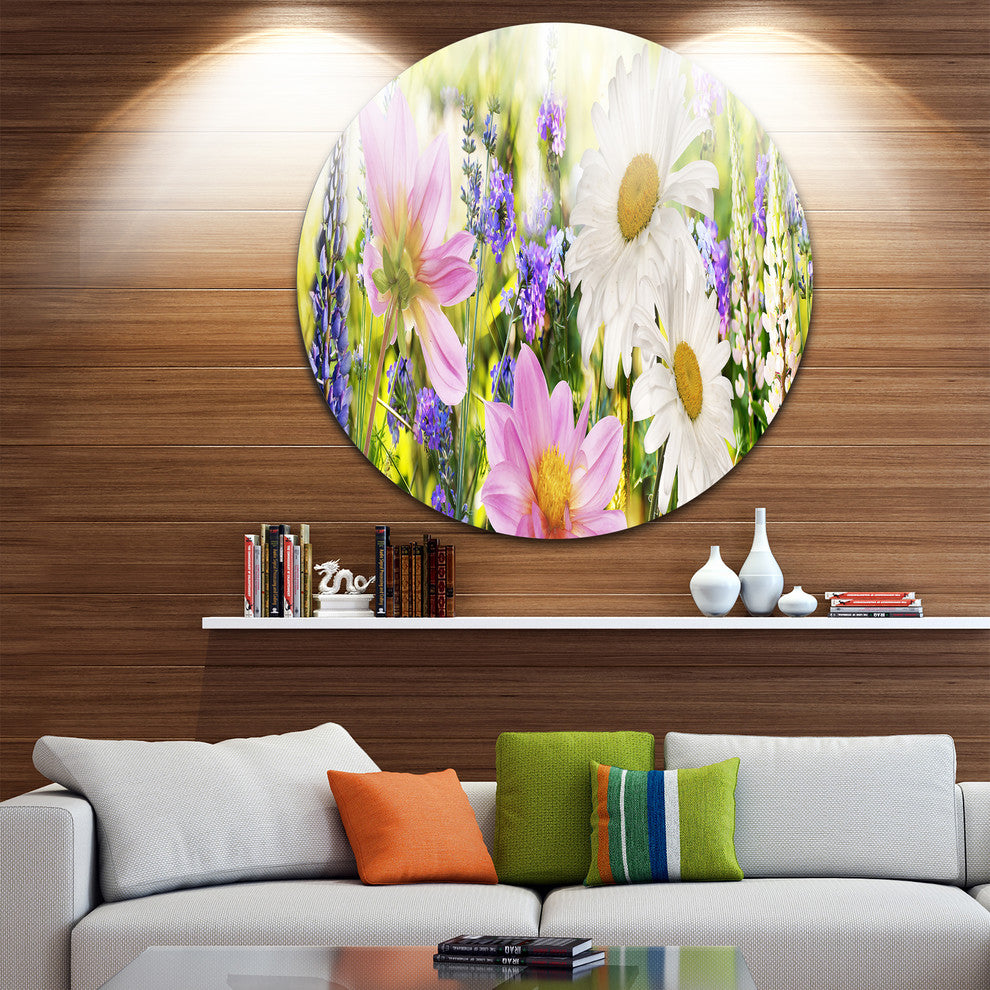 Wild Flowers Field At Sunset, Floral Photography Disc Metal Art, 36"