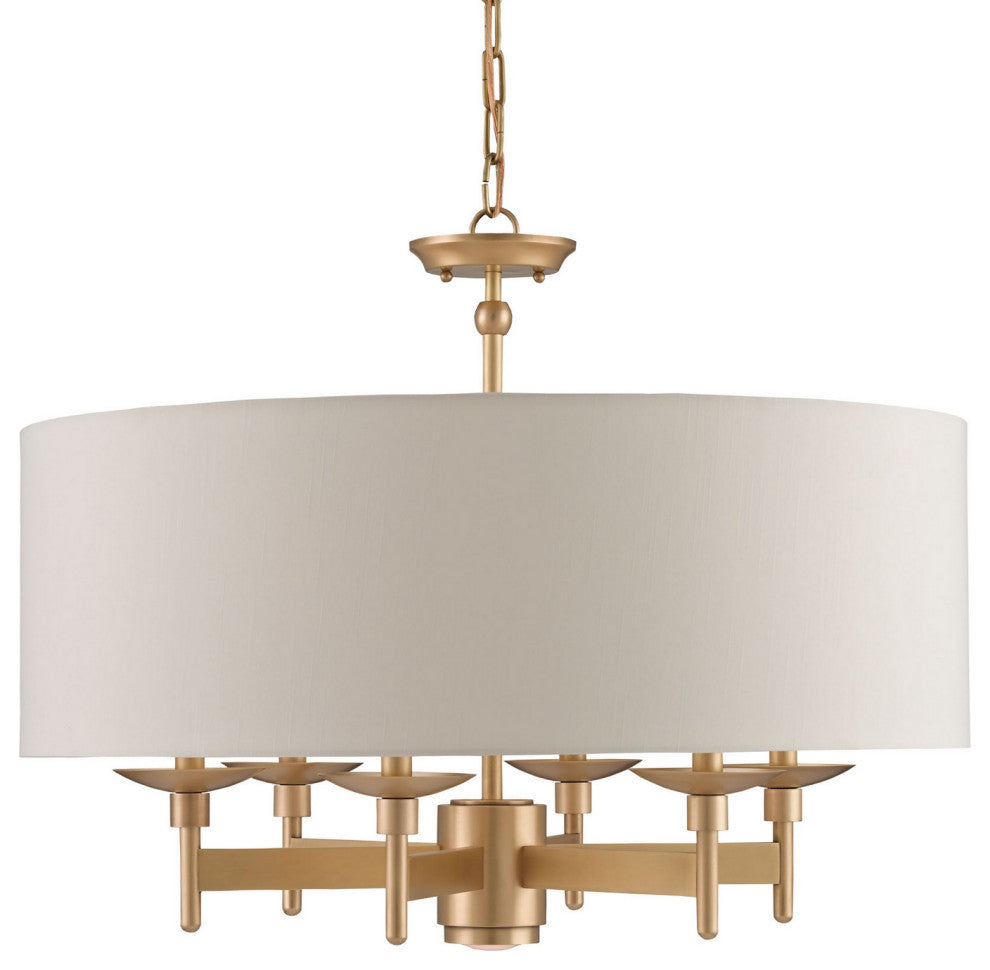 Bering 6 Light Chandelier, Antique Brass With Eggshell Shantung Shade