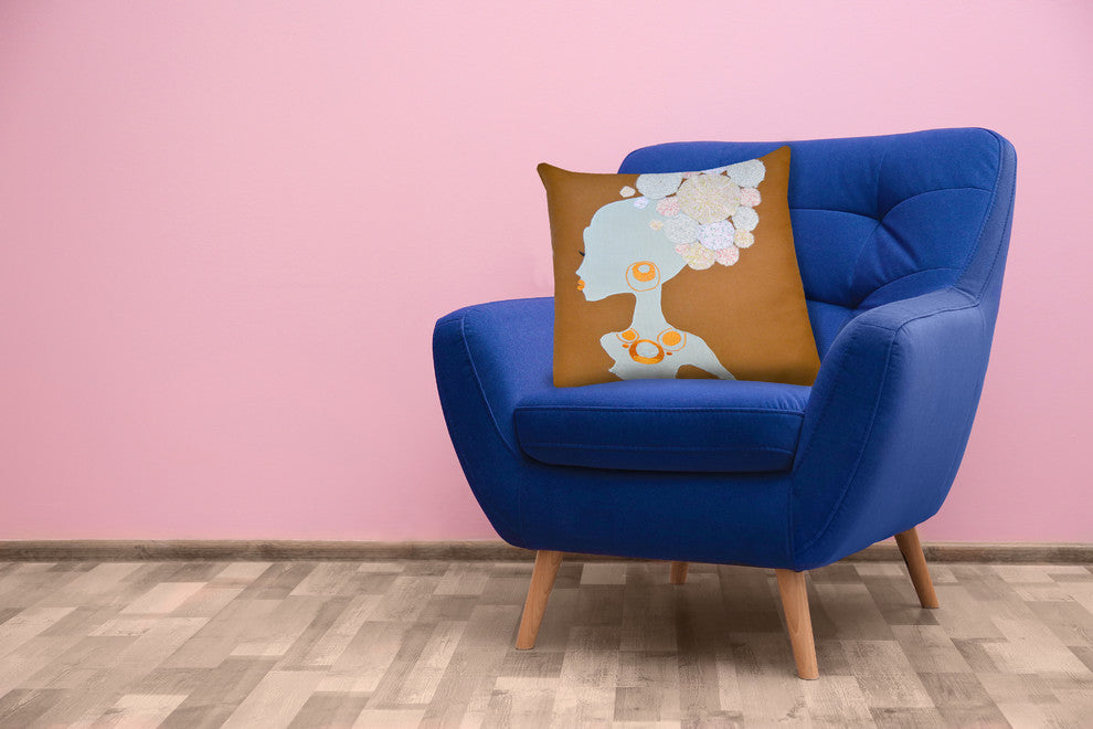 Brown Blue Lady Patchwork Cotton Throw Pillow