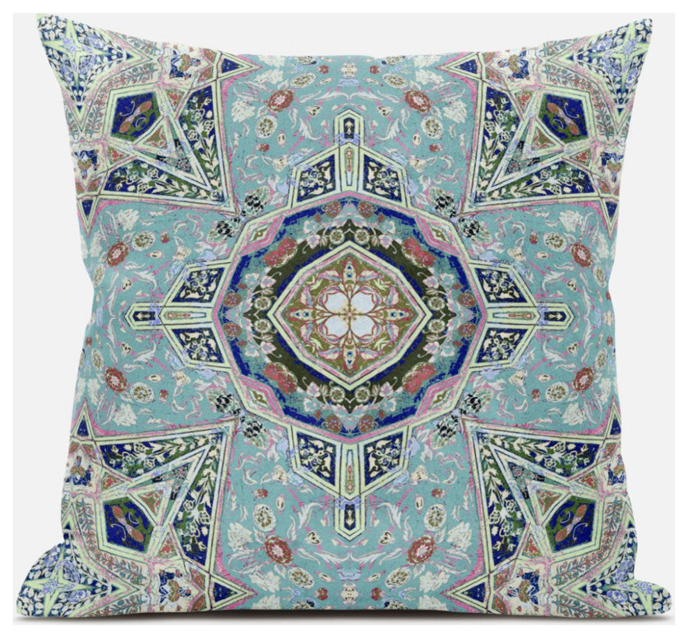 18" Aqua Blue Floral Geometric Suede Throw Pillow