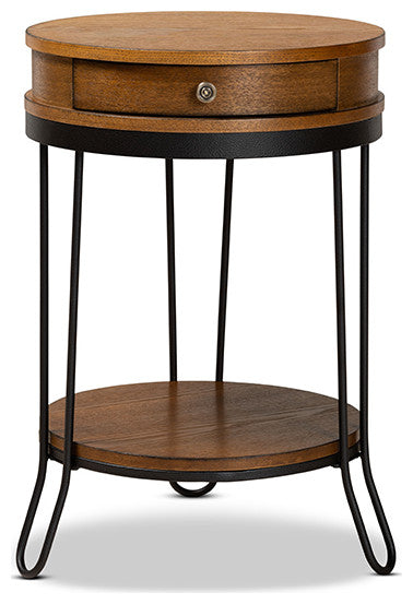 Vintage Rustic Industrial Walnut Brown Wood and Black 1-Drawer Metal End Table