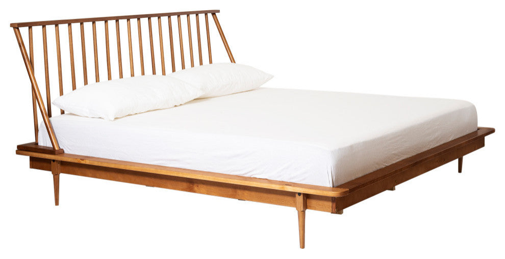 King Mid Century Modern Solid Wood Spindle Platform Bed - Caramel