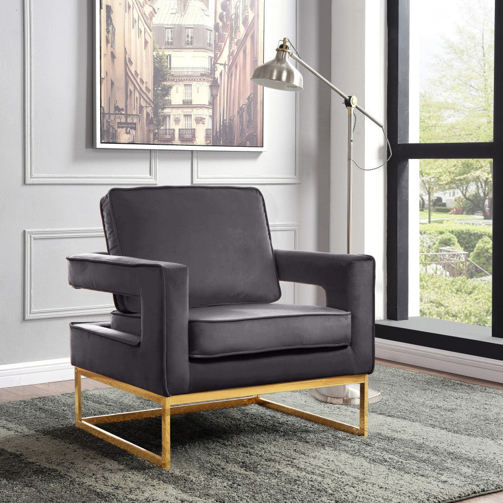 Noah Velvet Upholstered Accent Chair, Gray, Gold Base
