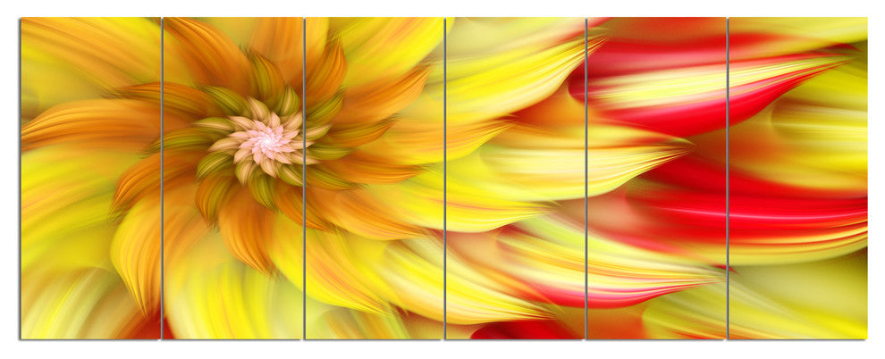 Rotating Yellow Red Fractal Flower, Floral Canvas Art Print, 70"x28", 6 Panels
