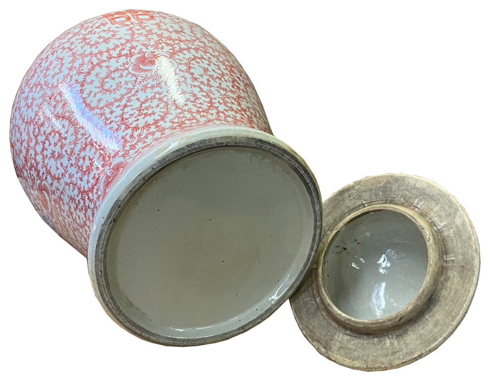 Chinese Coral Pink Red White Double Happiness Large Temple Jar Hcs7416