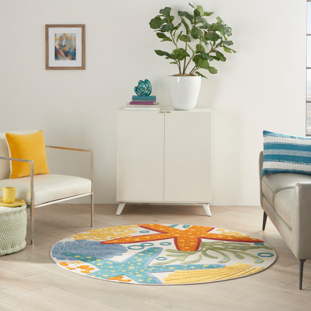 Nourison Aloha 4' x Round Multicolor Coastal, Nautical & Beach Area Rug