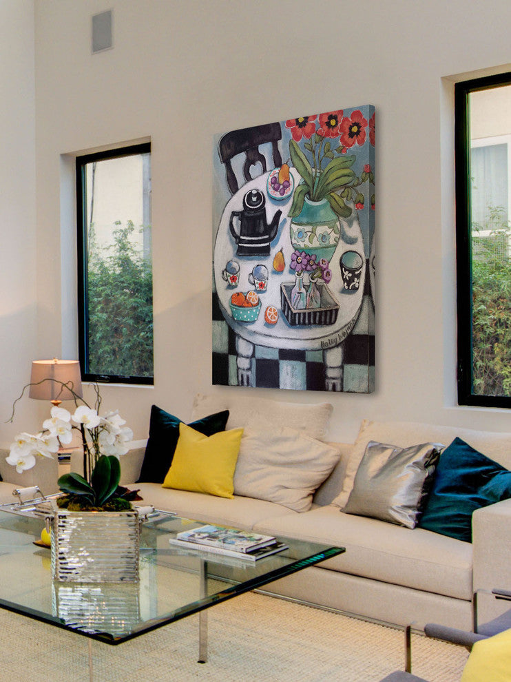 "Fruit and Flowers on White Table" Painting Print on Wrapped Canvas