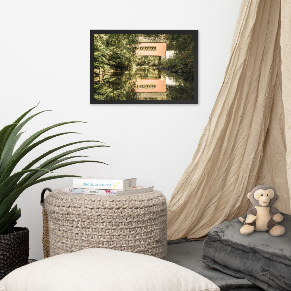 The Reflections of Wooddale Covered Bridge Aged Framed Photo Wall Art Print, Black, 12" X 18"