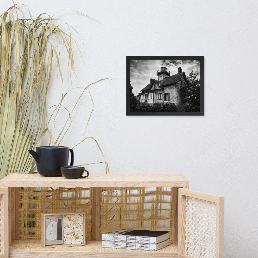 Cedar Point Lighthouse in Black and White Framed Photo Paper Wall Art Prints, Black, 12" X 16"