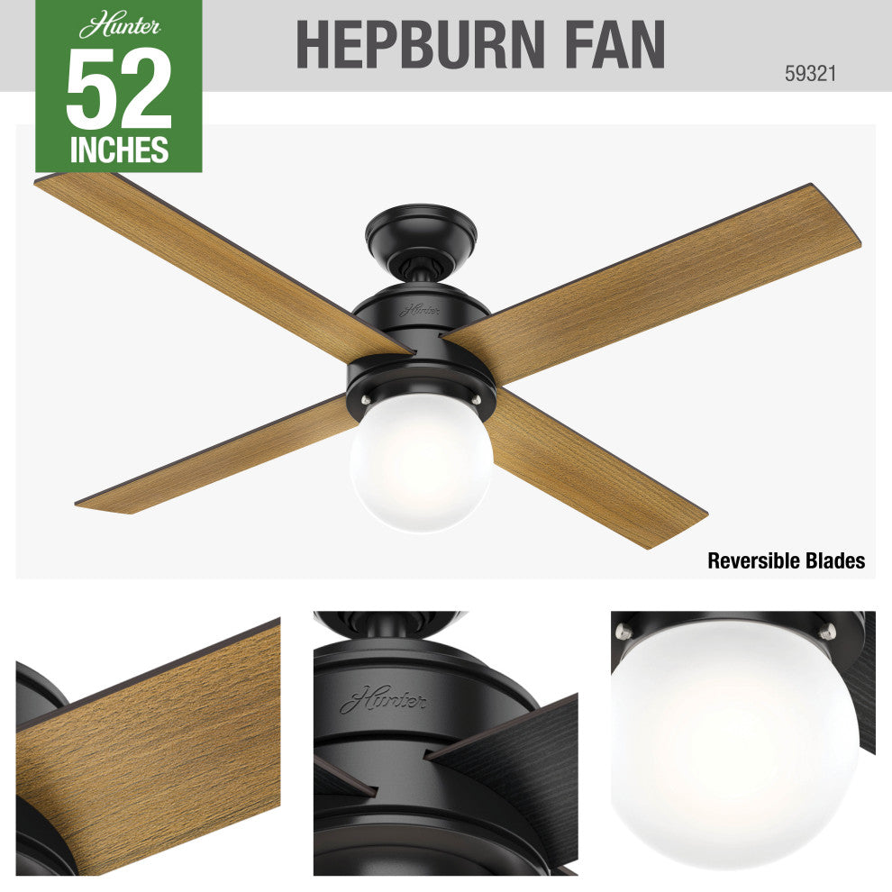 Hunter Fan Company  52" Hepburn  Ceiling Fan With Light With Wall Control, Matte