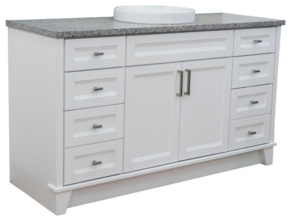 61" Single Sink Vanity, White Finish And Gray Granite And Round Sink
