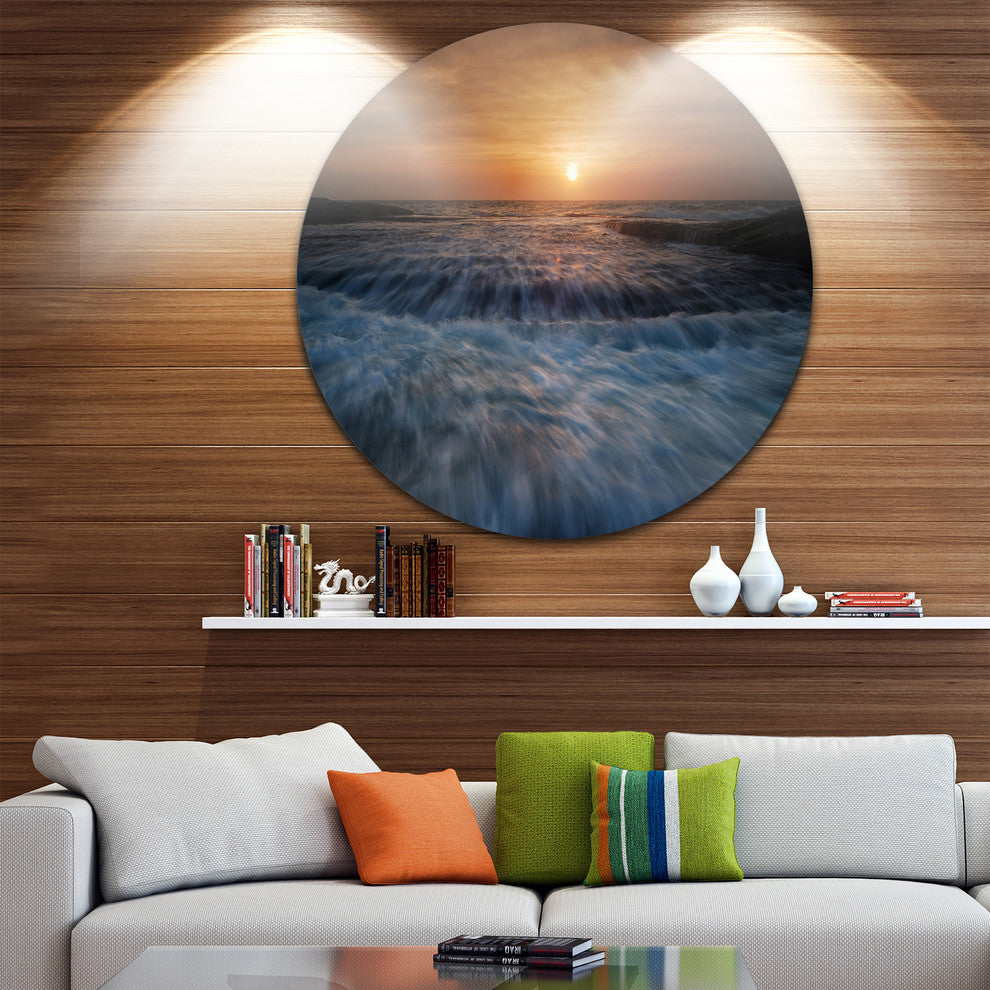Sunrise Over Rushing White Waves, Beach Disc Metal Wall Art, 11"