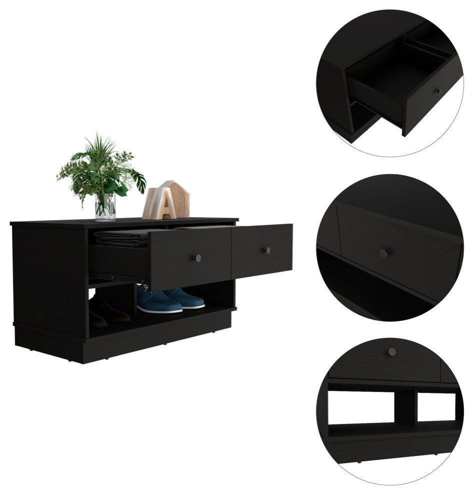 Tulip Storage Bench with 2 Drawers and 2 Open Shelves, Black