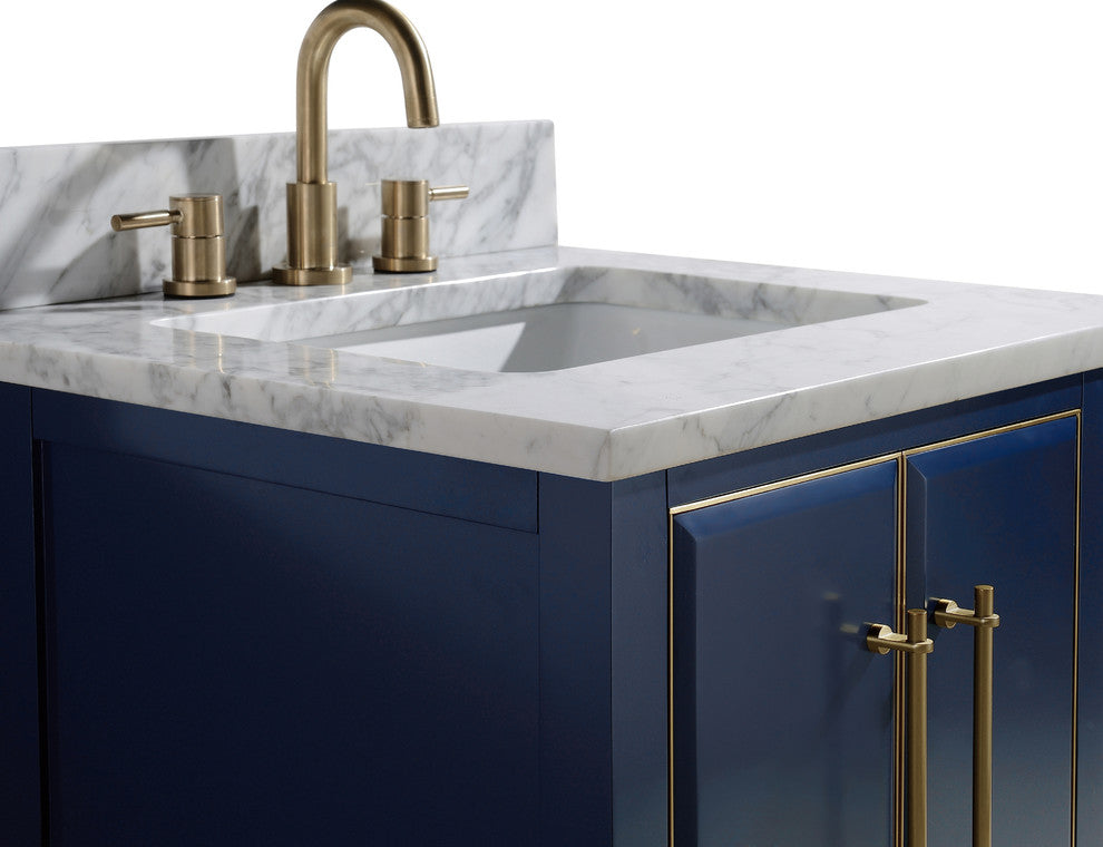 Mason 25" Vanity Combo, Navy Blue, Matte Gold Hardware / Natural 1" Carrara White Marble Countertop and Backsplash