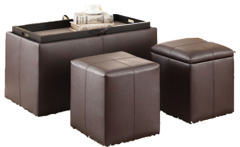 3Pc Pack Storage Bench and 2 Ottomans, Espresso PU PU Espresso PU