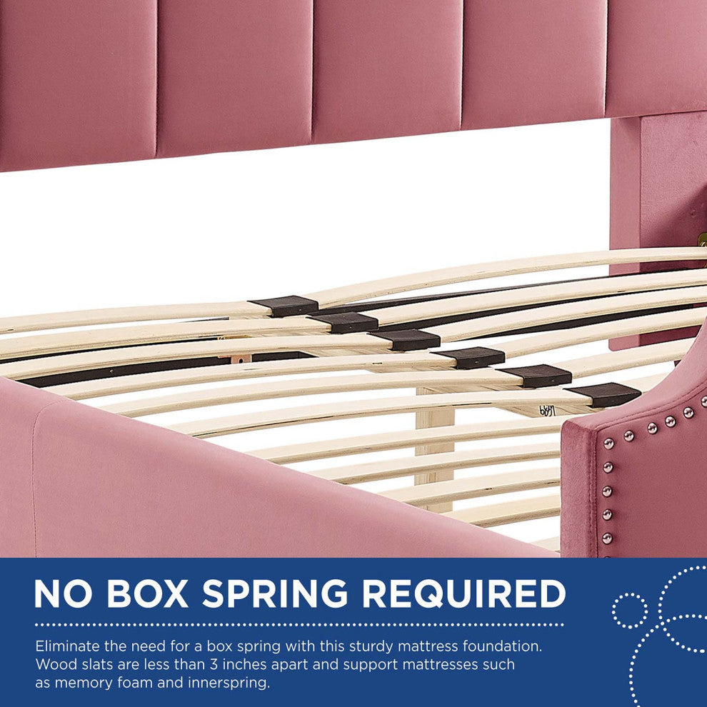 Platform Bed Frame, Queen Size, Velvet, Pink, Modern Contemporary, Bedroom
